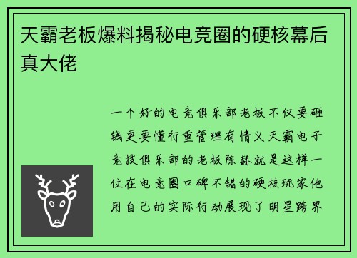 天霸老板爆料揭秘电竞圈的硬核幕后真大佬